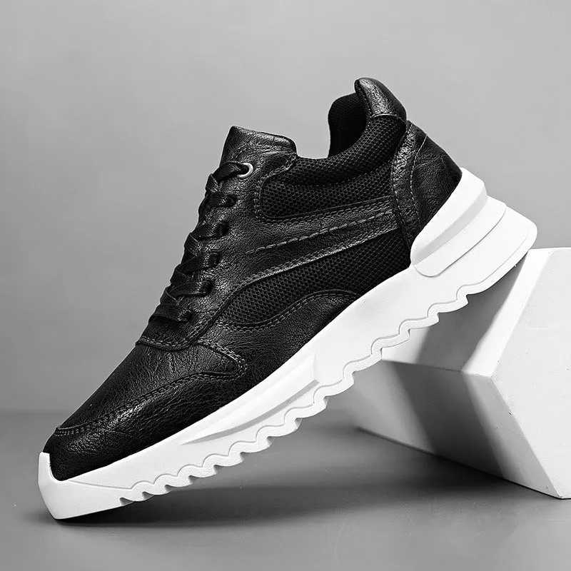Men's black invisible wedge hidden heel casual sports shoes with synthetic leather upper and rubber sole, side view