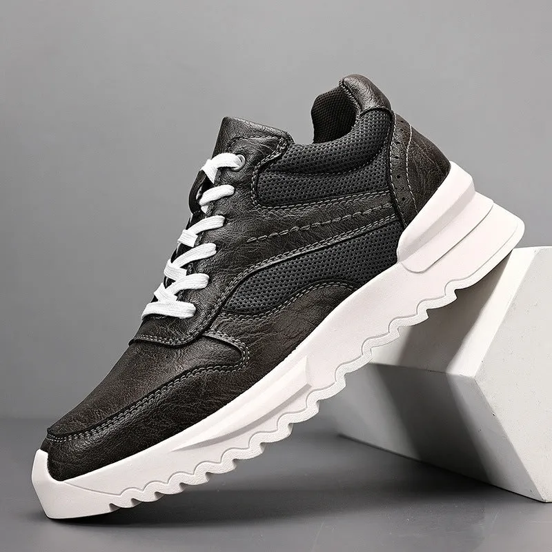 Men's black invisible wedge hidden heel casual sports shoes with synthetic leather upper and rubber sole, side view