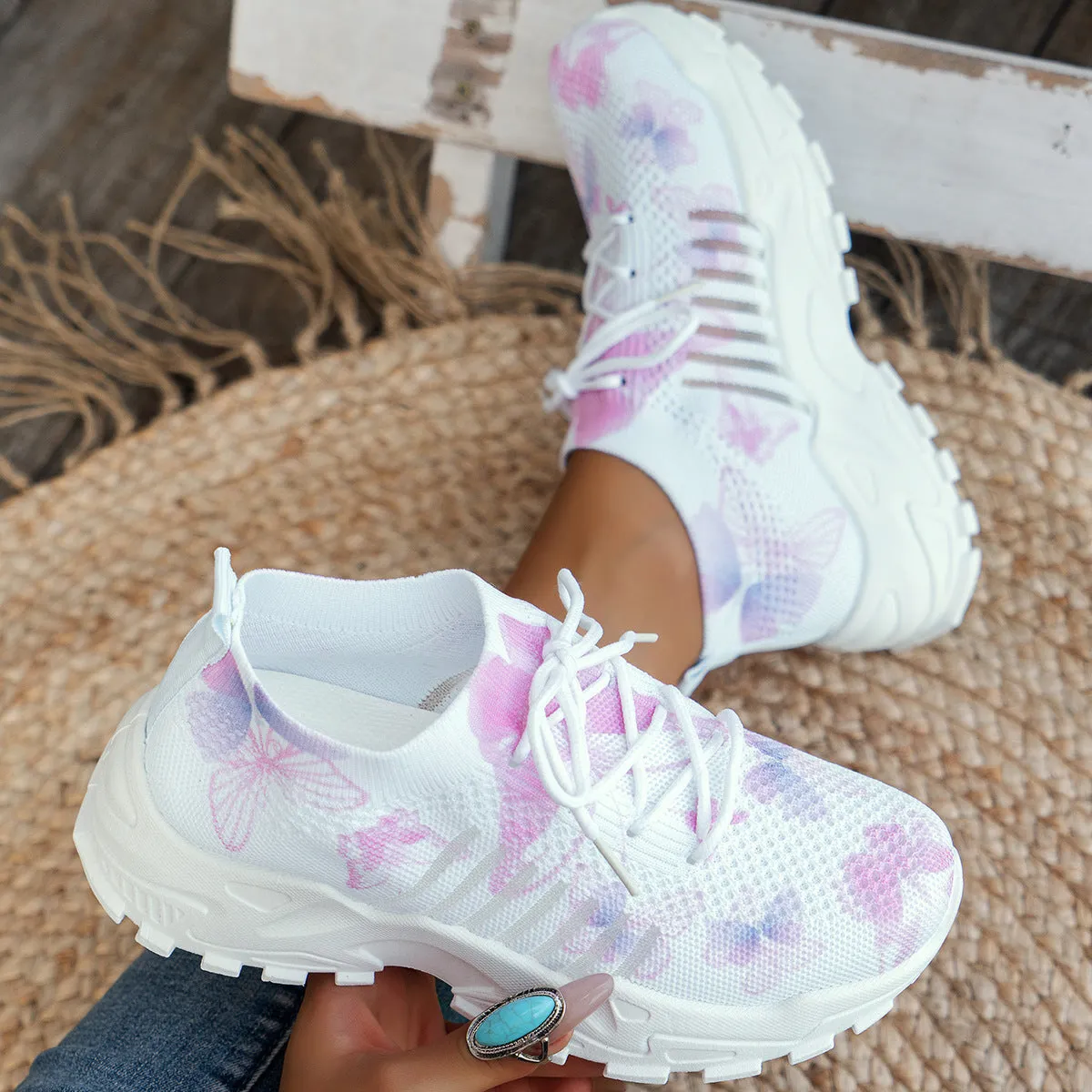 Butterfly print mesh sneakers for women in blue with flat heel, round toe, and front lace-up