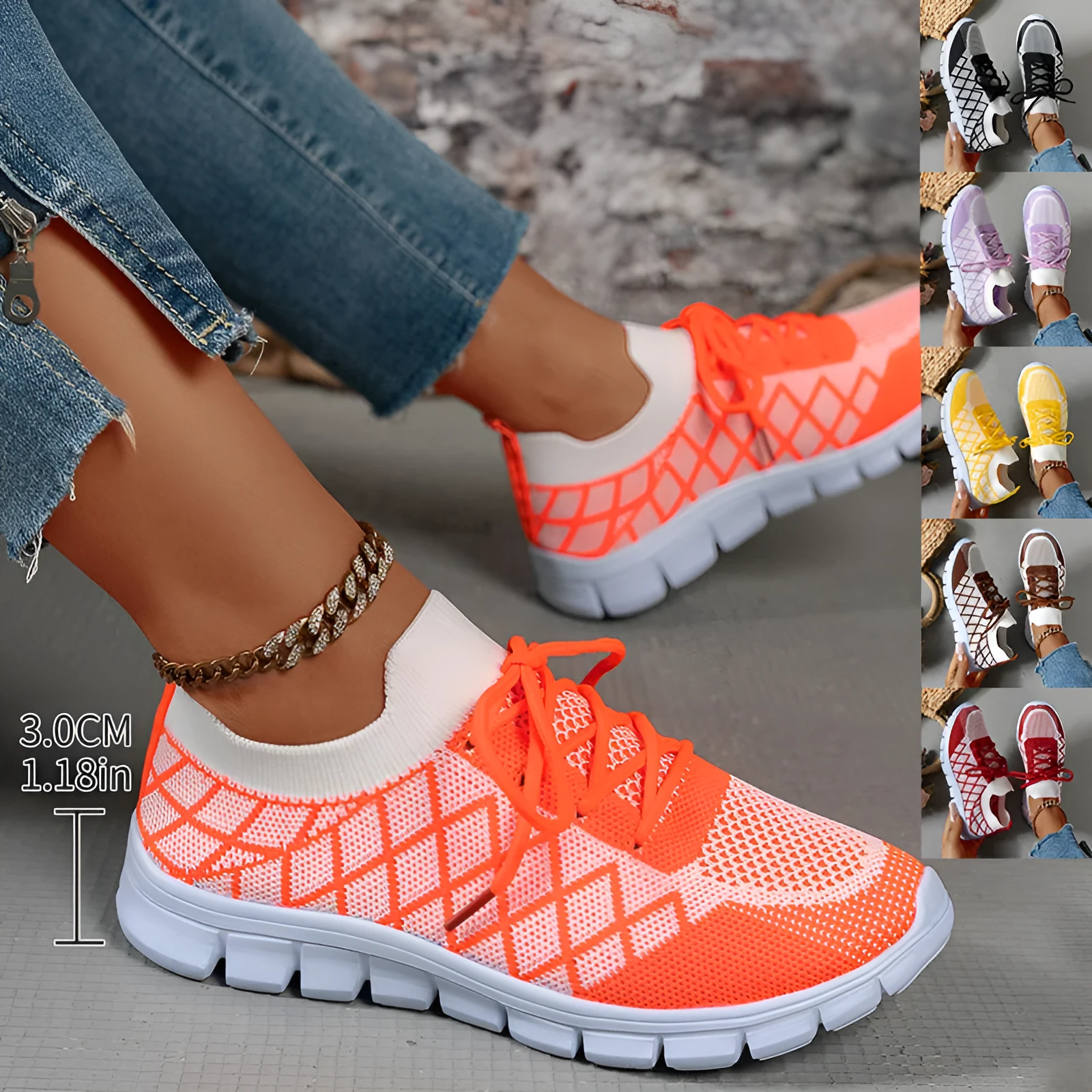 Women's colourblock plaid lace-up flyknit sneakers with breathable mesh upper and EVA sole in multiple colours