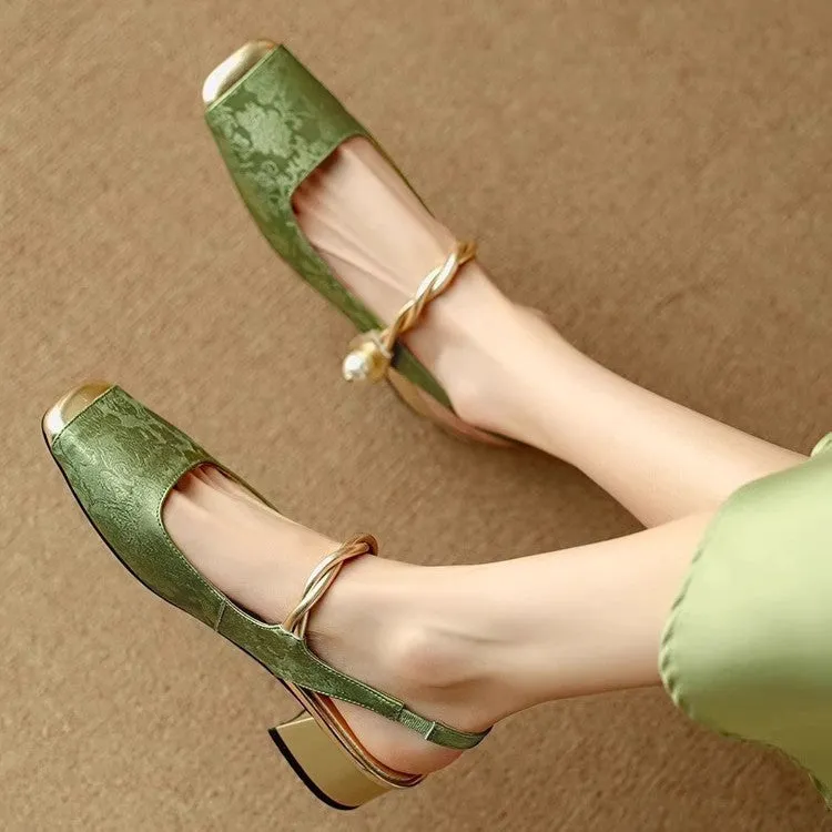 New Chinese style satin closed toe backless mid heel sandals for women in beige white