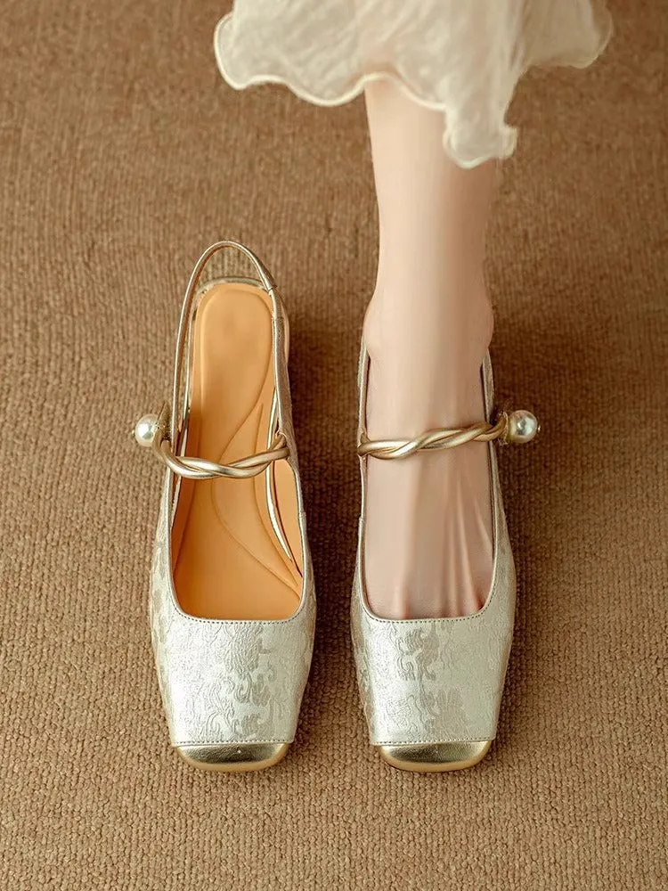 New Chinese style satin closed toe backless mid heel sandals for women in beige white