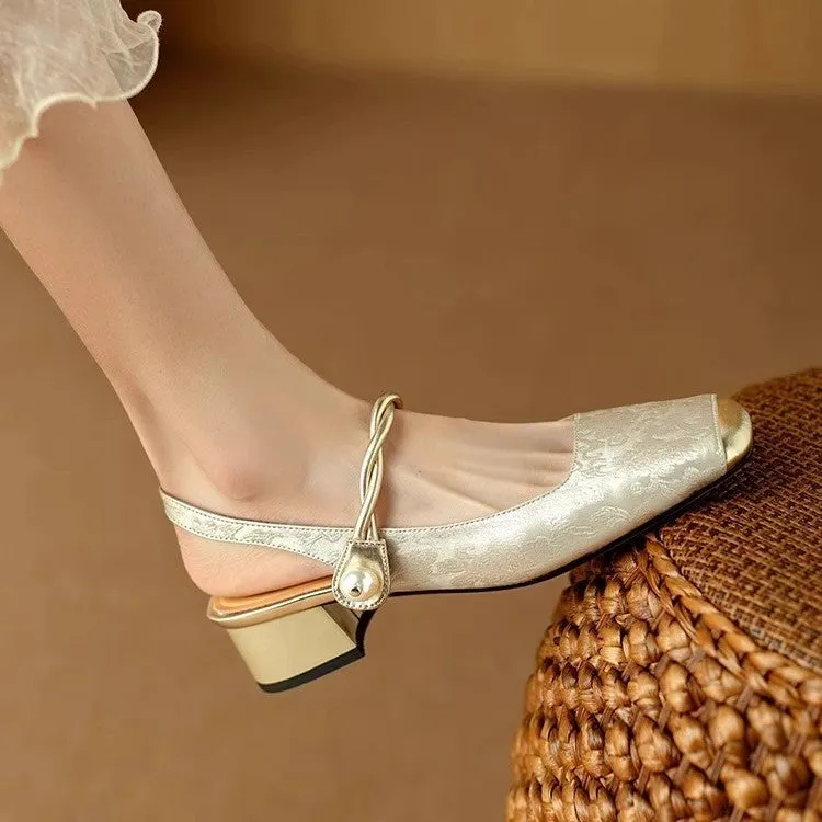 New Chinese style satin closed toe backless mid heel sandals for women in beige white