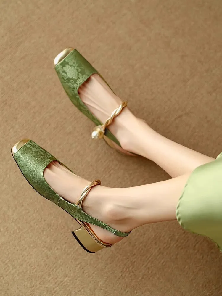 New Chinese style satin closed toe backless mid heel sandals for women in beige white