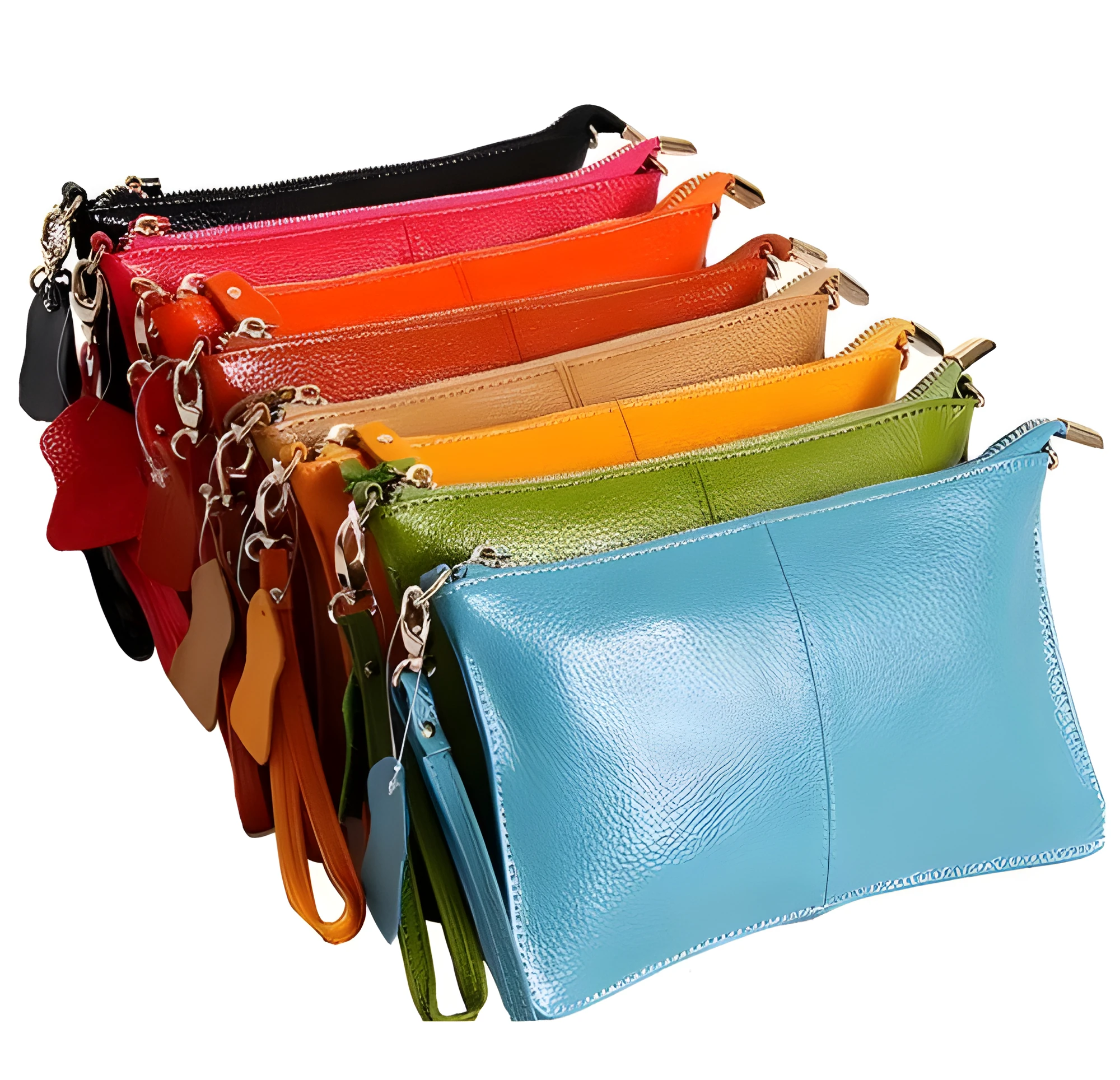 Lady's cowhide leather slant bag in apricot colour with hand strap and shoulder strap showing zipper compartments