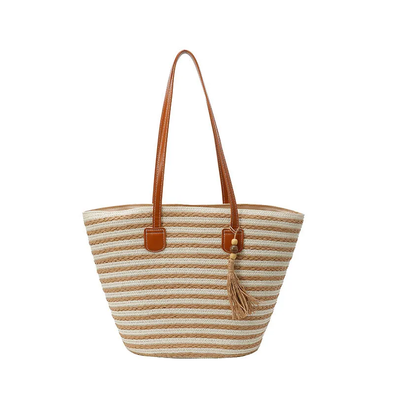 Woven large capacity women's tote bag in contrast colour with oval shape and zipper pocket