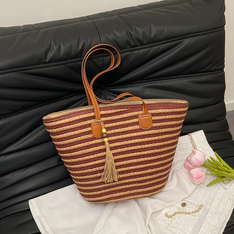 Woven large capacity women's tote bag in contrast colour with oval shape and zipper pocket