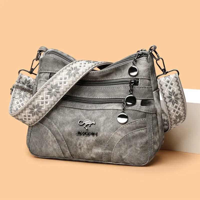 One-shoulder soft leather tote bag in brown with contrast colour details, horizontal square shape