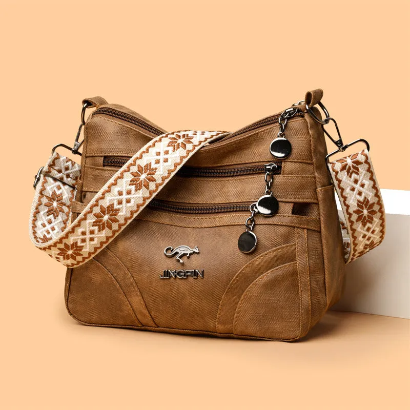 One-shoulder soft leather tote bag in brown with contrast colour details, horizontal square shape