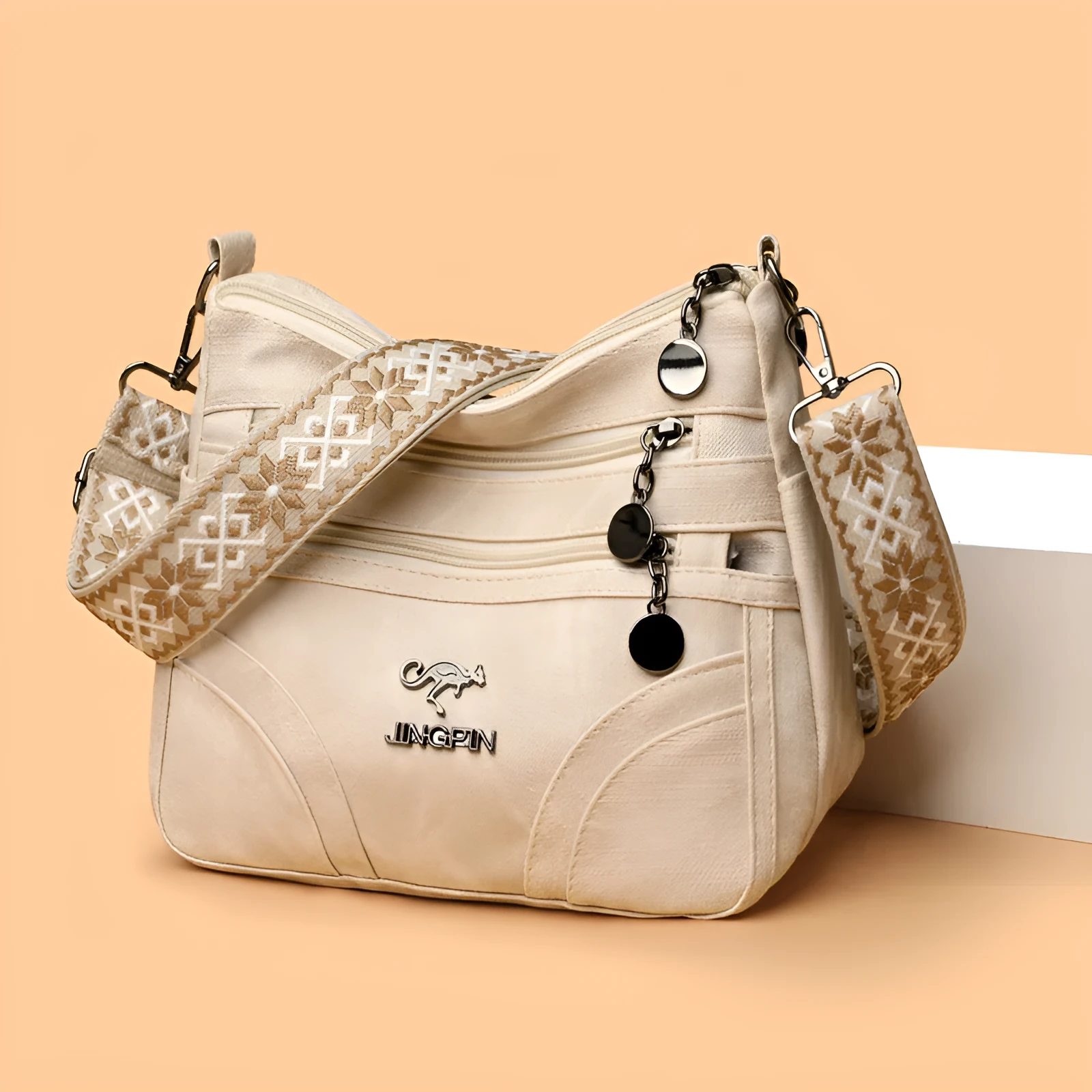 One-shoulder soft leather tote bag in brown with contrast colour details, horizontal square shape