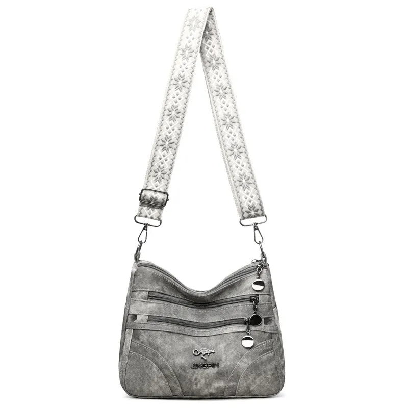 One-shoulder soft leather tote bag in brown with contrast colour details, horizontal square shape