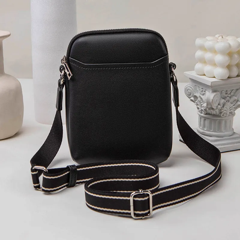 Simple solid colour mobile phone crossbody bag in PU leather showing black, beige, khaki, and green colour options.