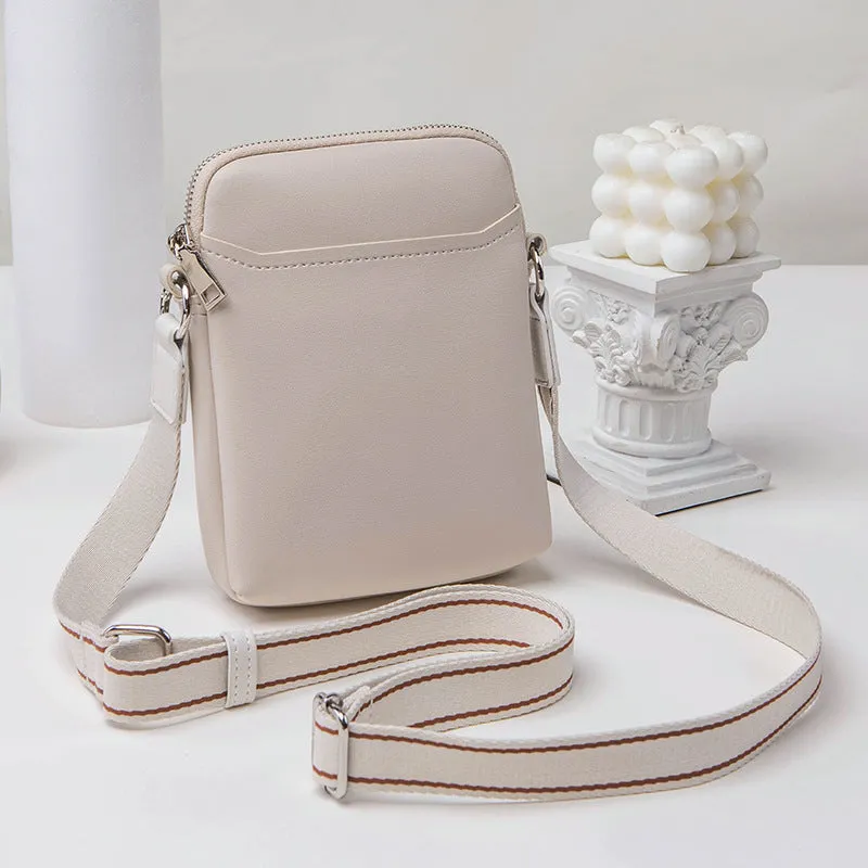 Simple solid colour mobile phone crossbody bag in PU leather showing black, beige, khaki, and green colour options.