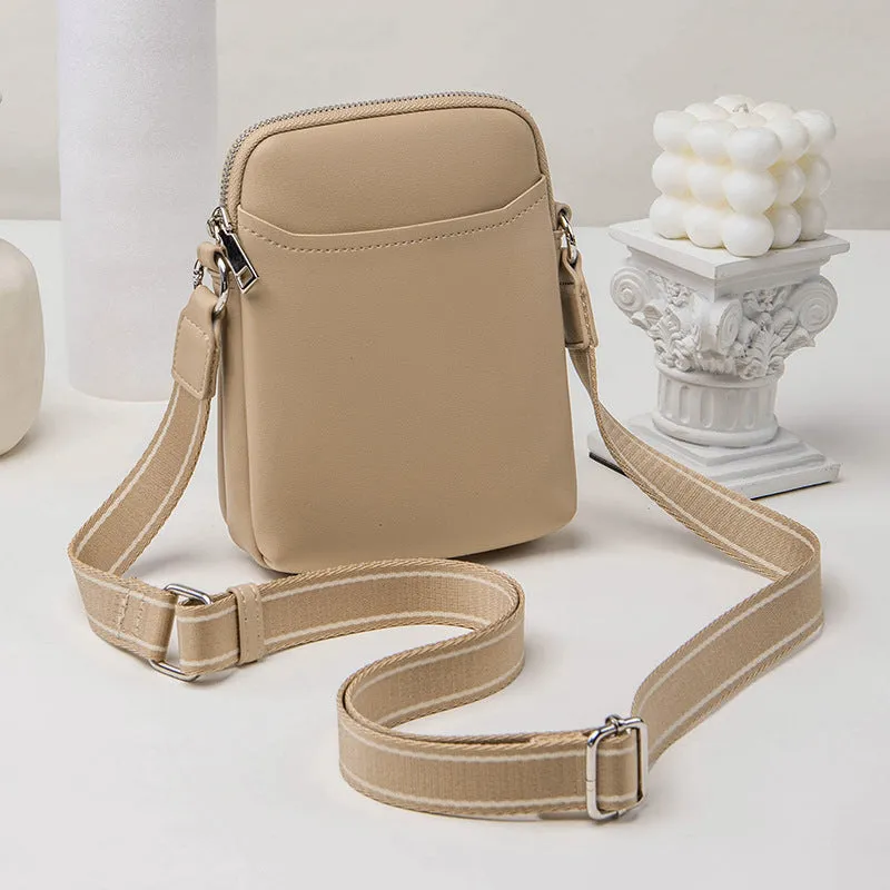 Simple solid colour mobile phone crossbody bag in PU leather showing black, beige, khaki, and green colour options.