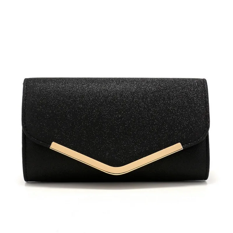 Frosted sequin light luxury dinner bag with metal decoration in black, horizontal square shape