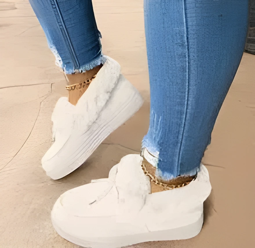 White cotton slipper shoes with a round toe, velvet lining, and a grey rubber non-slip sole.