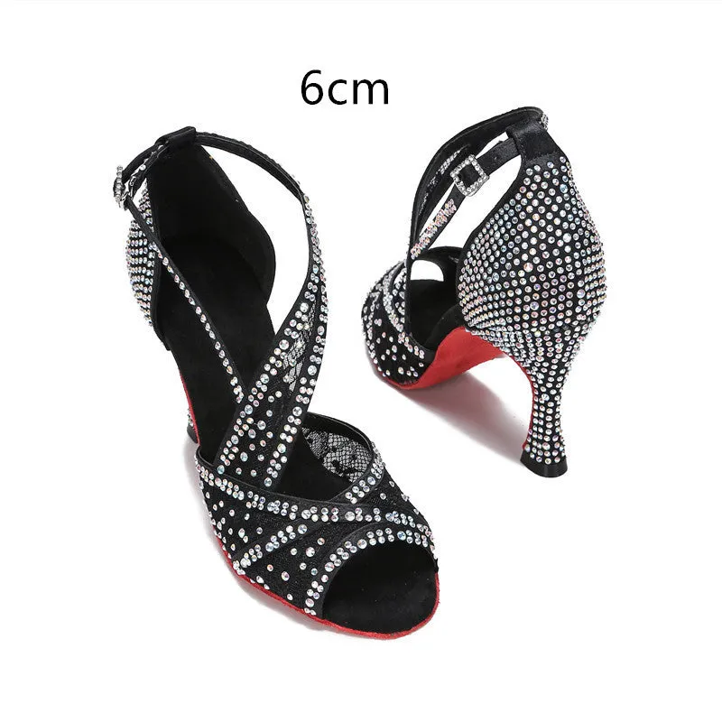 Women's diamond-embroidered Latin dance shoes with mesh upper, black heel 7.5cm, sizes 34-43