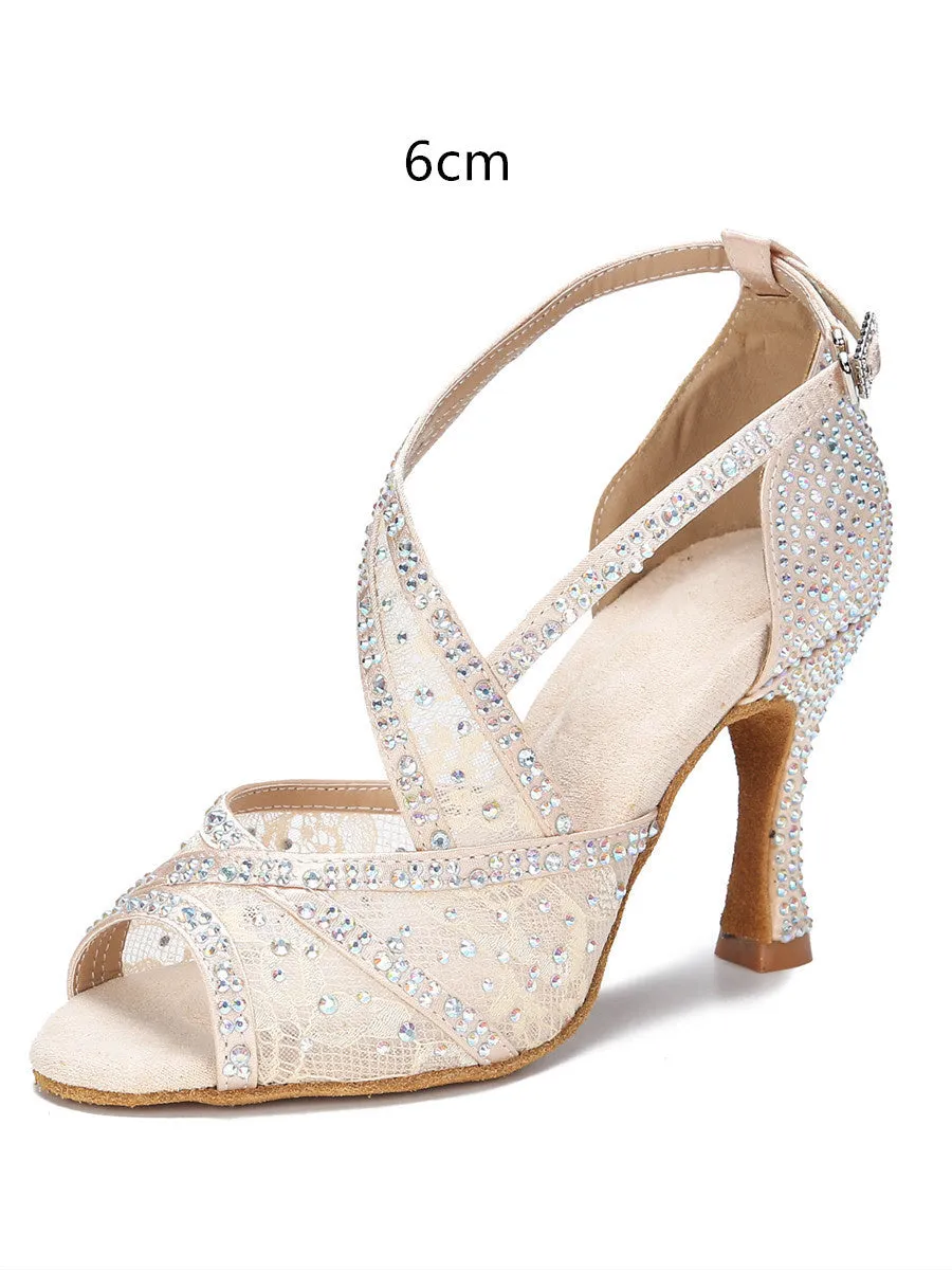 Women's diamond-embroidered Latin dance shoes with mesh upper, black heel 7.5cm, sizes 34-43