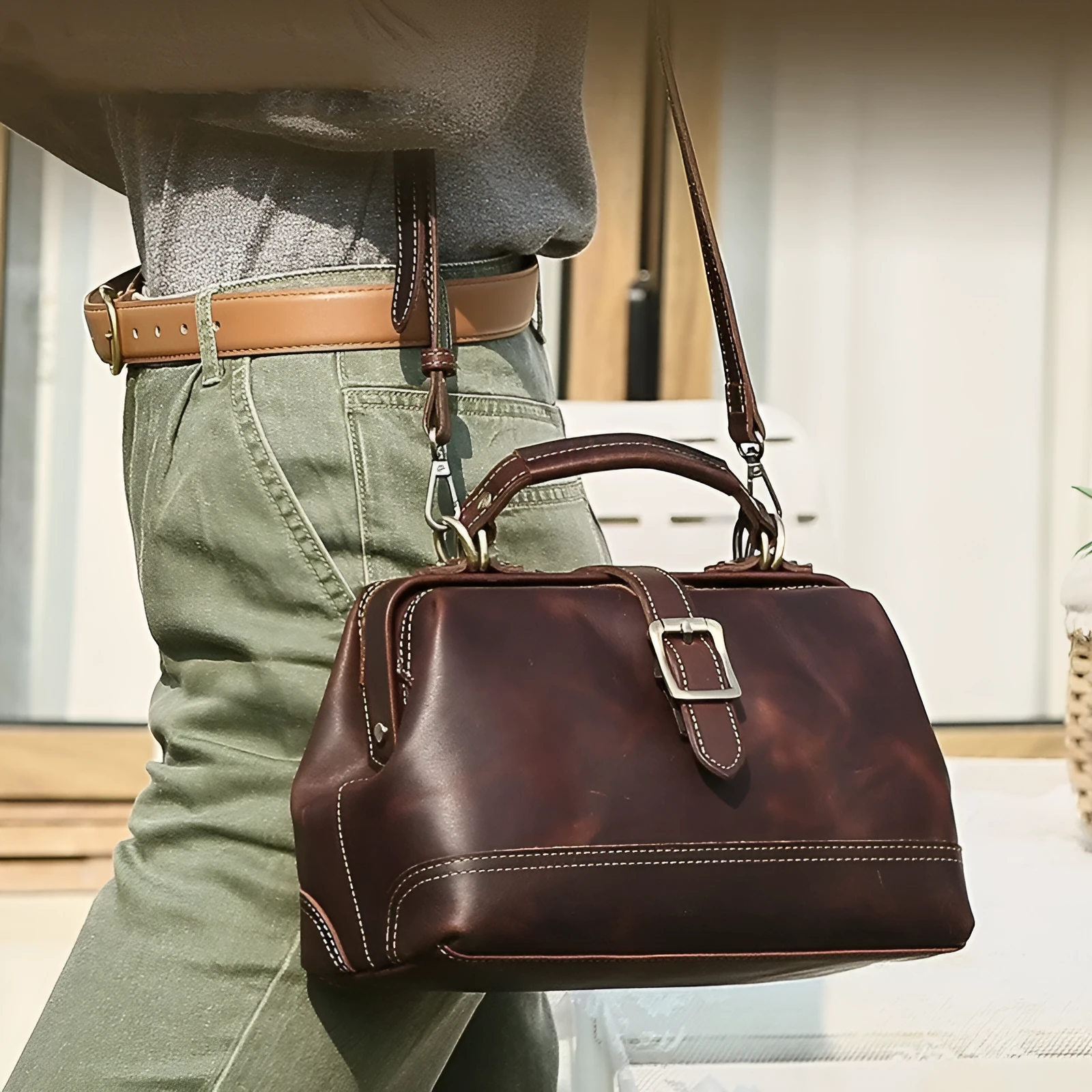 Reddish brown genuine leather women's shoulder messenger bag with sewing line details and crossbody strap