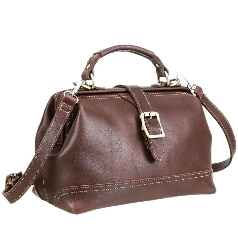 Reddish brown genuine leather women's shoulder messenger bag with sewing line details and crossbody strap