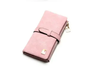 Women's vertical long wallet in matte PU leather with a drawstring zip closure, shown in army green.