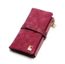 Women's vertical long wallet in matte PU leather with a drawstring zip closure, shown in army green.