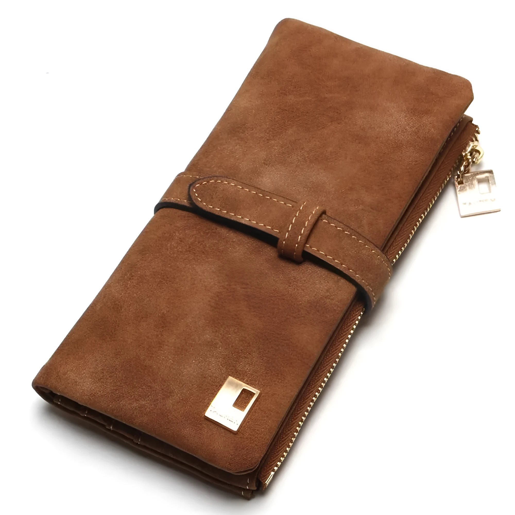 Women's vertical long wallet in matte PU leather with a drawstring zip closure, shown in army green.