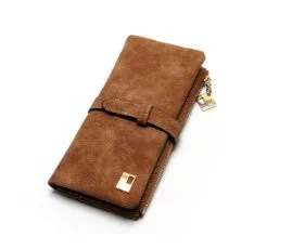 Women's vertical long wallet in matte PU leather with a drawstring zip closure, shown in army green.