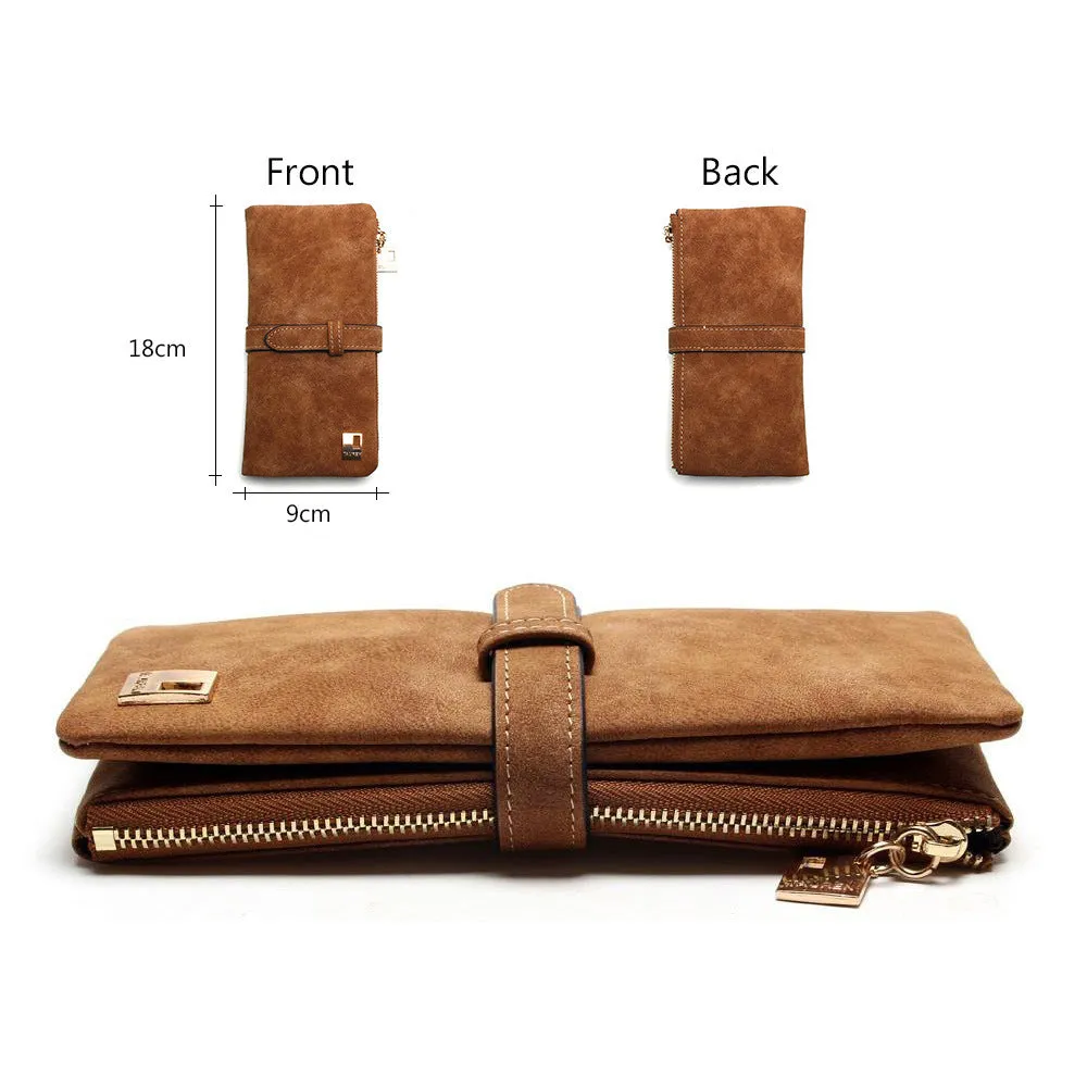 Women's vertical long wallet in matte PU leather with a drawstring zip closure, shown in army green.
