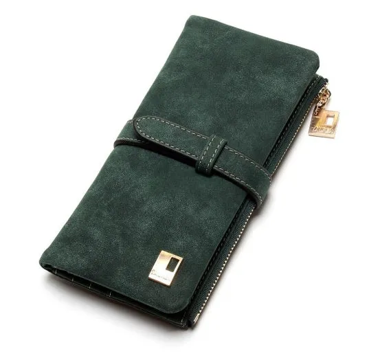 Women's vertical long wallet in matte PU leather with a drawstring zip closure, shown in army green.