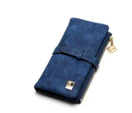 Women's vertical long wallet in matte PU leather with a drawstring zip closure, shown in army green.