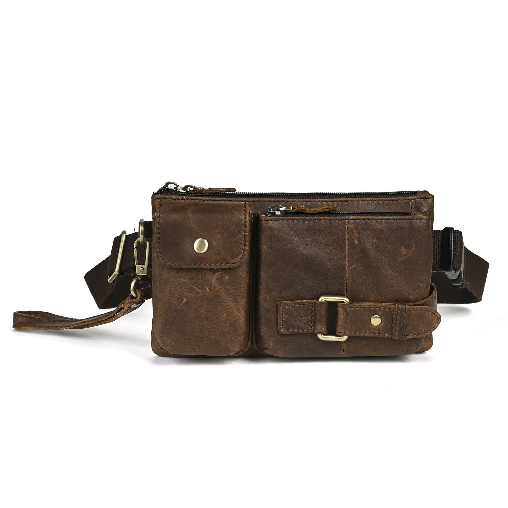 Men's vegetable tanned cowhide leather chest bag crossbody in Dark Crazy Horse colour