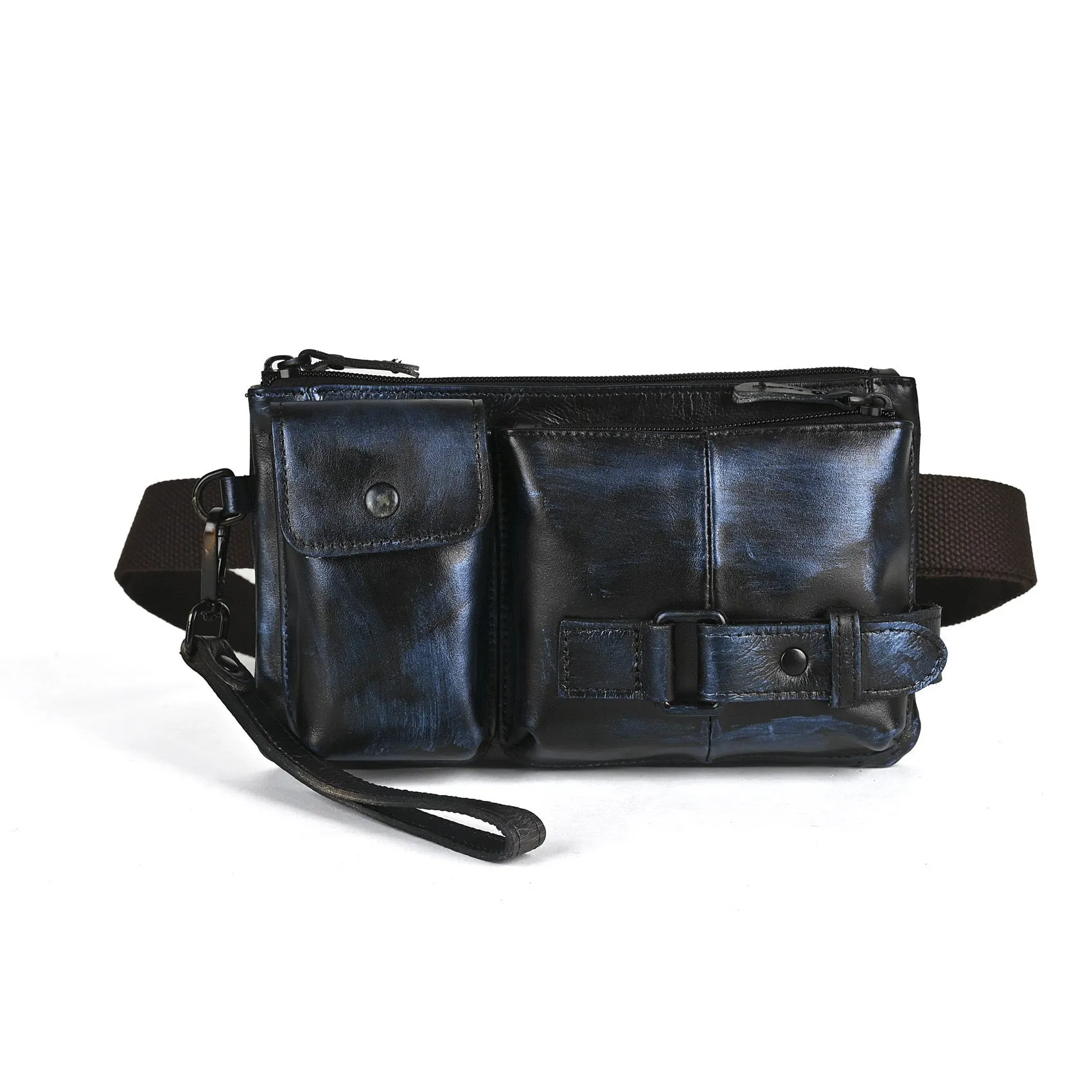 Men's vegetable tanned cowhide leather chest bag crossbody in Dark Crazy Horse colour