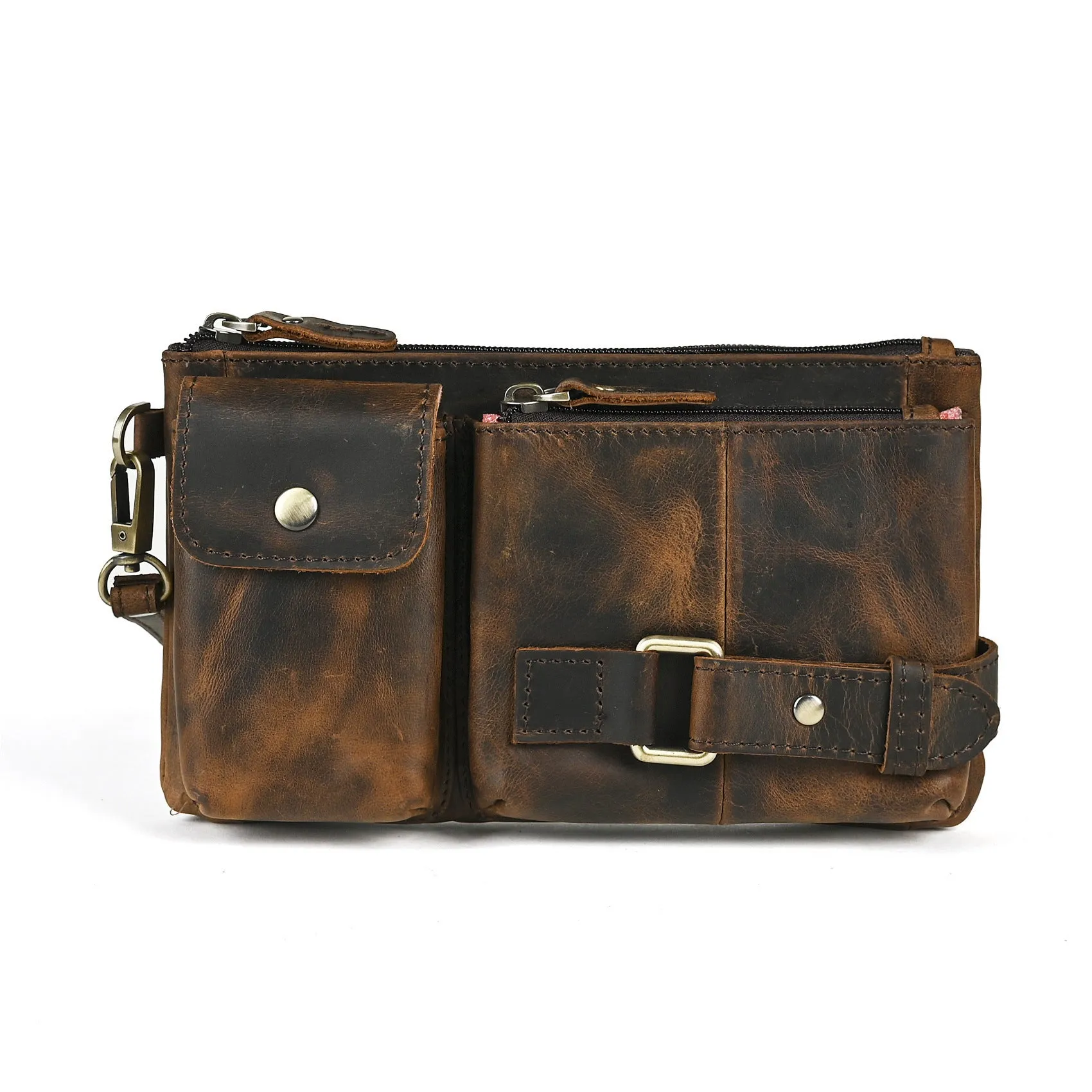 Men's vegetable tanned cowhide leather chest bag crossbody in Dark Crazy Horse colour