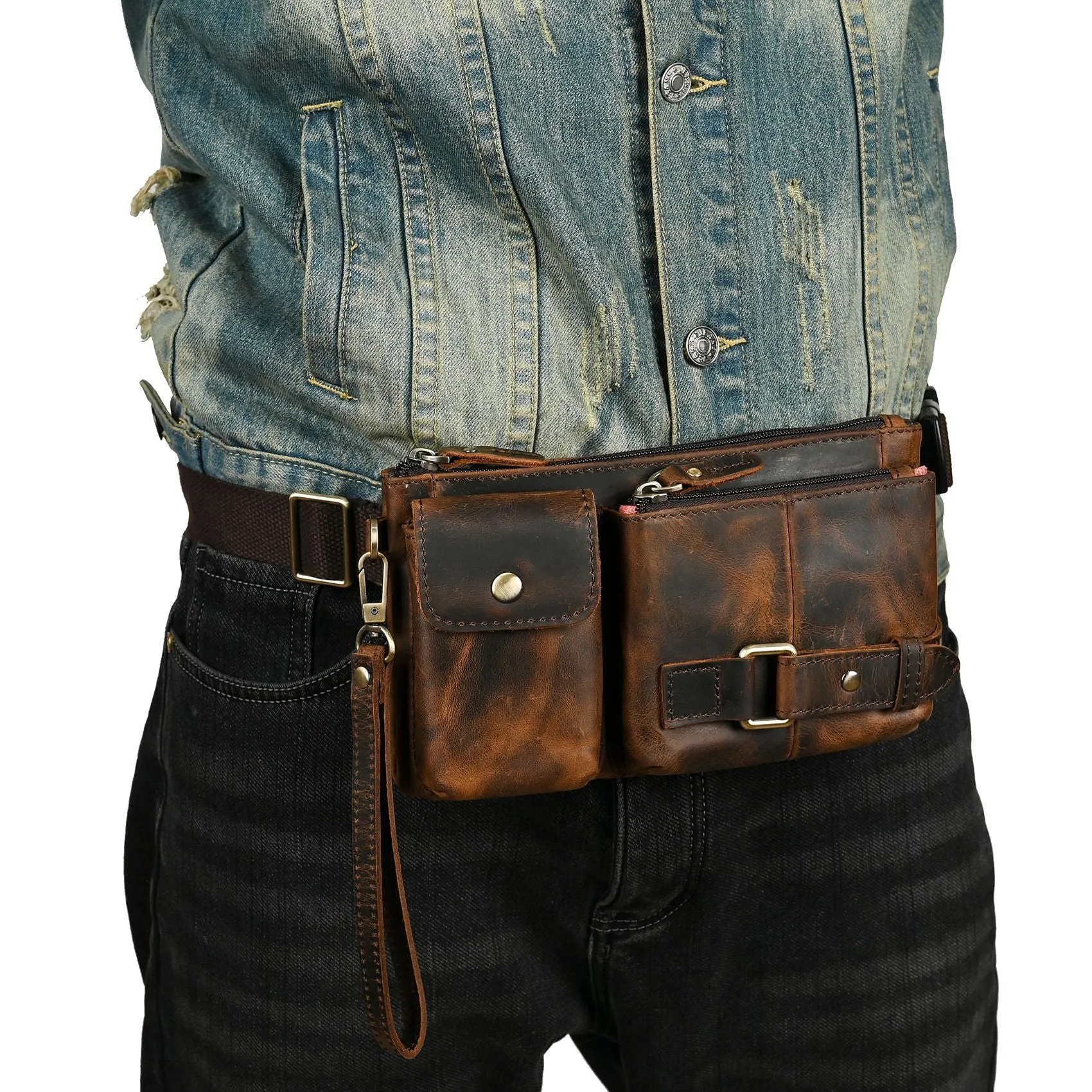 Men's vegetable tanned cowhide leather chest bag crossbody in Dark Crazy Horse colour