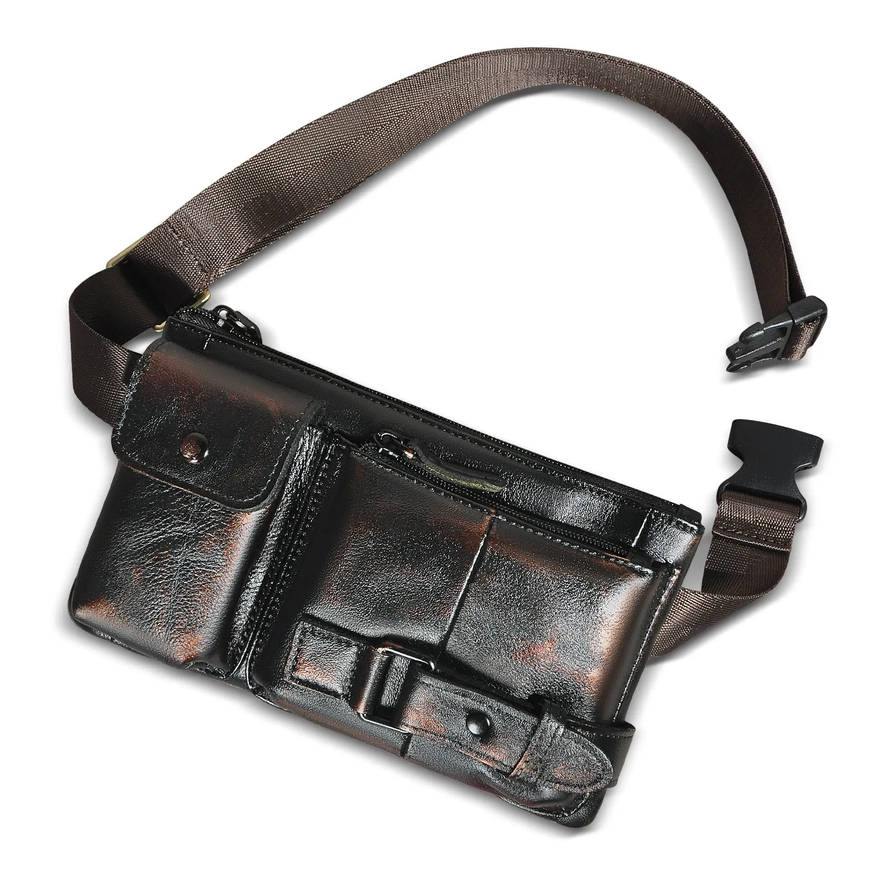 Men's vegetable tanned cowhide leather chest bag crossbody in Dark Crazy Horse colour