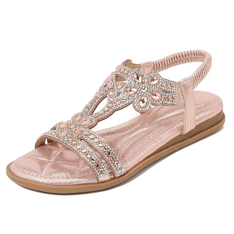 Women's flat sandals with bohemian flower and rhinestone decoration on PU upper, round toe, available in multiple colours