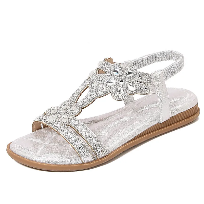 Women's flat sandals with bohemian flower and rhinestone decoration on PU upper, round toe, available in multiple colours