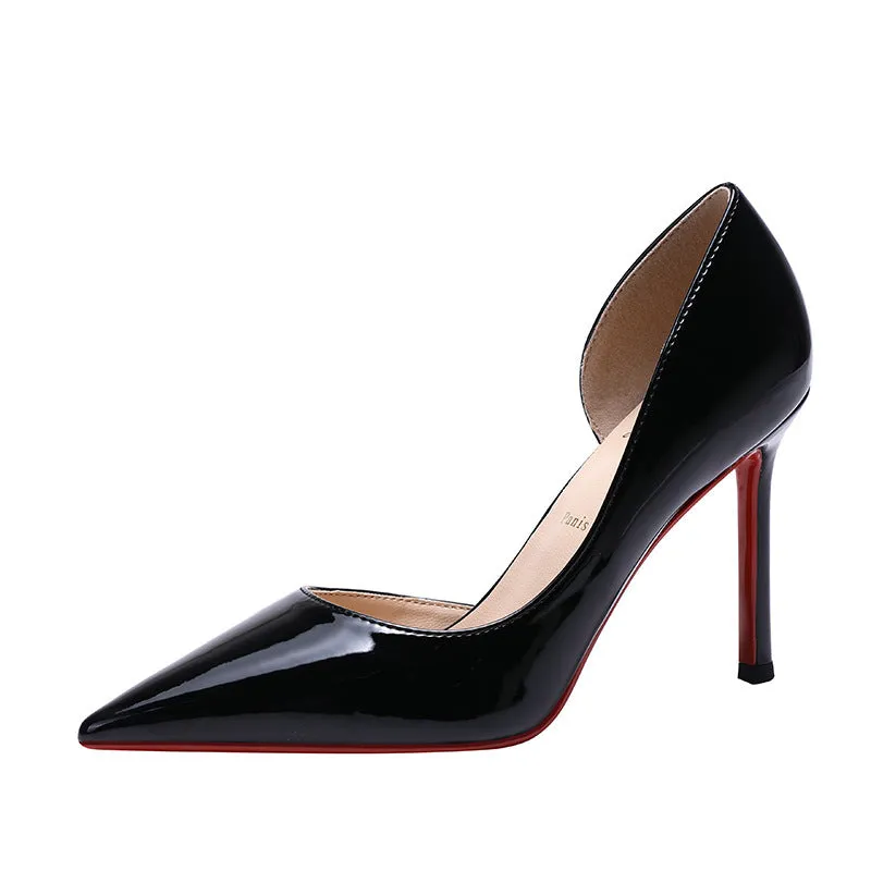 Side empty nude patent leather pointed toe women's high heels with 10cm stiletto heel