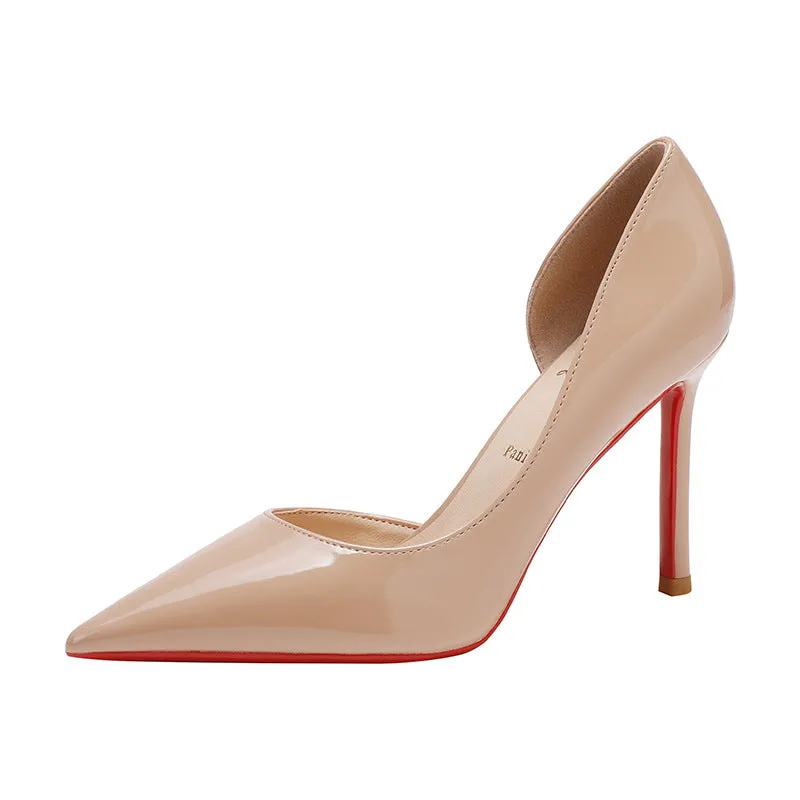 Side empty nude patent leather pointed toe women's high heels with 10cm stiletto heel