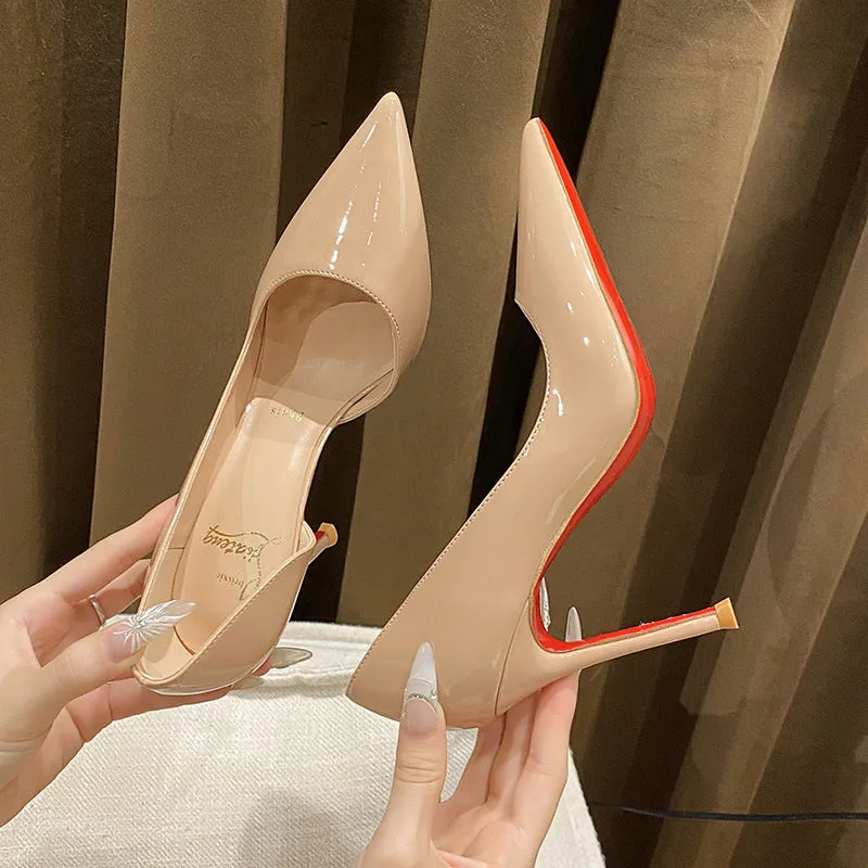 Side empty nude patent leather pointed toe women's high heels with 10cm stiletto heel