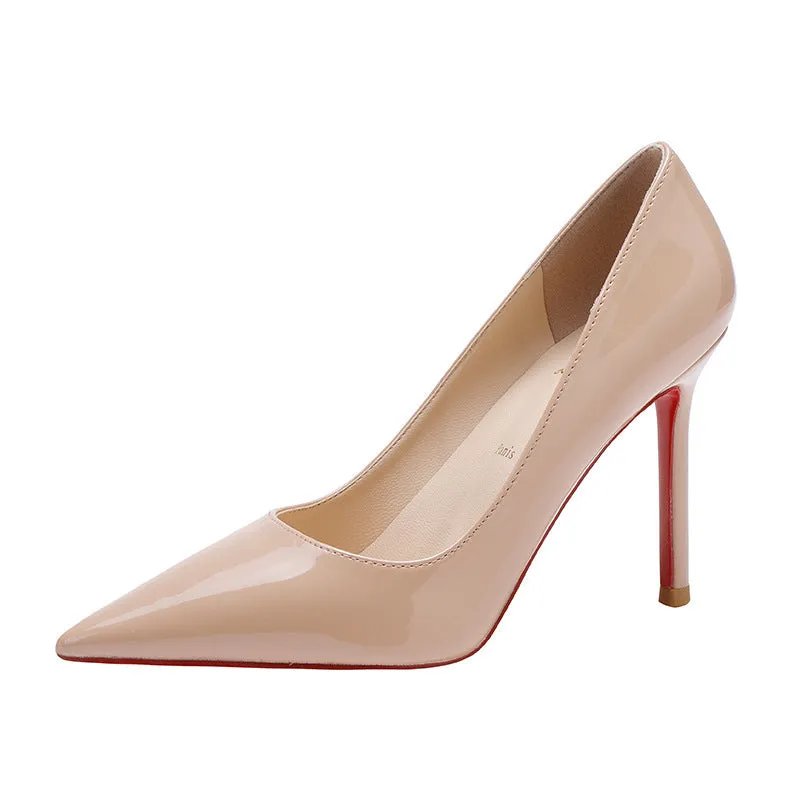 Side empty nude patent leather pointed toe women's high heels with 10cm stiletto heel