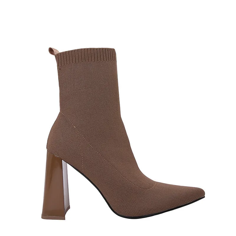 Women's retro chunky heel ankle boots in black with elastic fabric upper and pointed toe