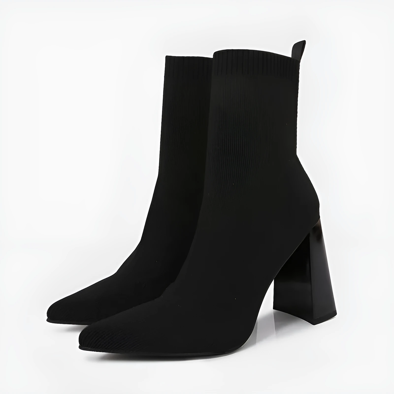 Women's retro chunky heel ankle boots in black with elastic fabric upper and pointed toe
