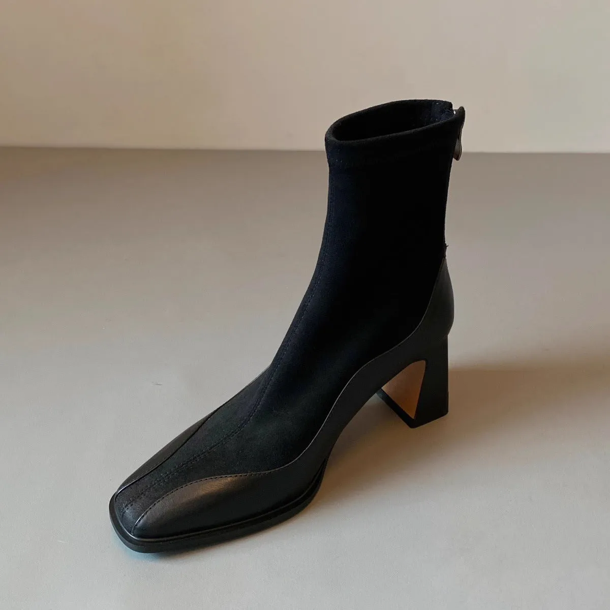 Retro chunky heel suede short boots for women, square toe, back zipper, in black and brown