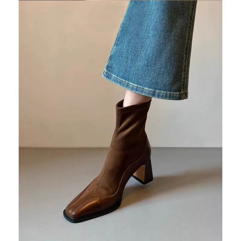 Retro chunky heel suede short boots for women, square toe, back zipper, in black and brown