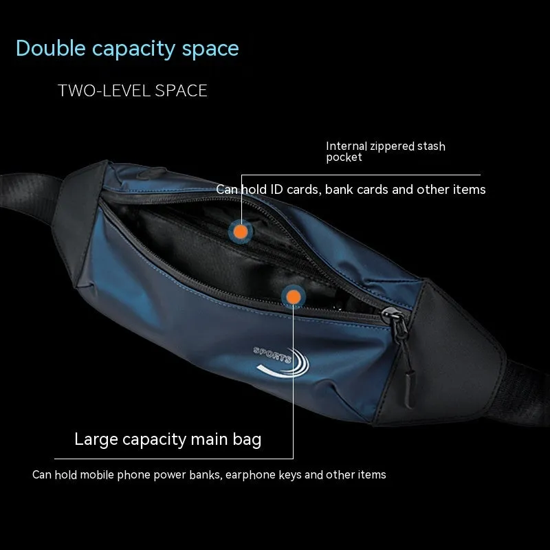Men's blue waterproof sports waist bag with secure fastening, shown with dimensions