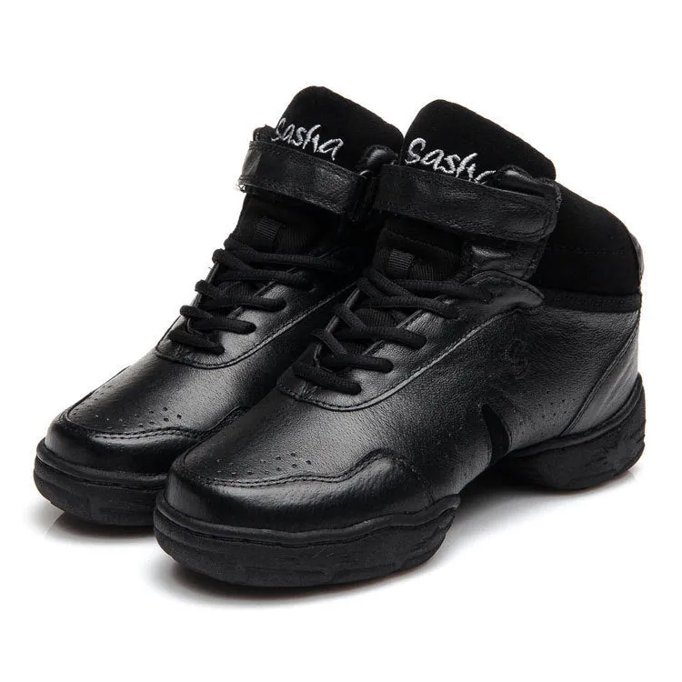 Black leather square dance fitness soft sole shoes with pigskin upper and rubber sole on dance floor