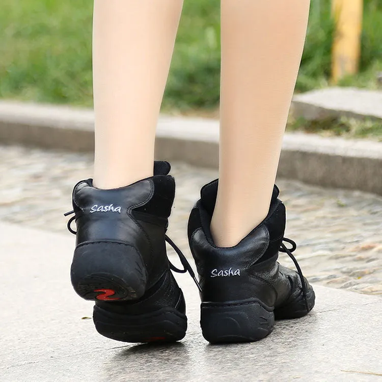 Black leather square dance fitness soft sole shoes with pigskin upper and rubber sole on dance floor