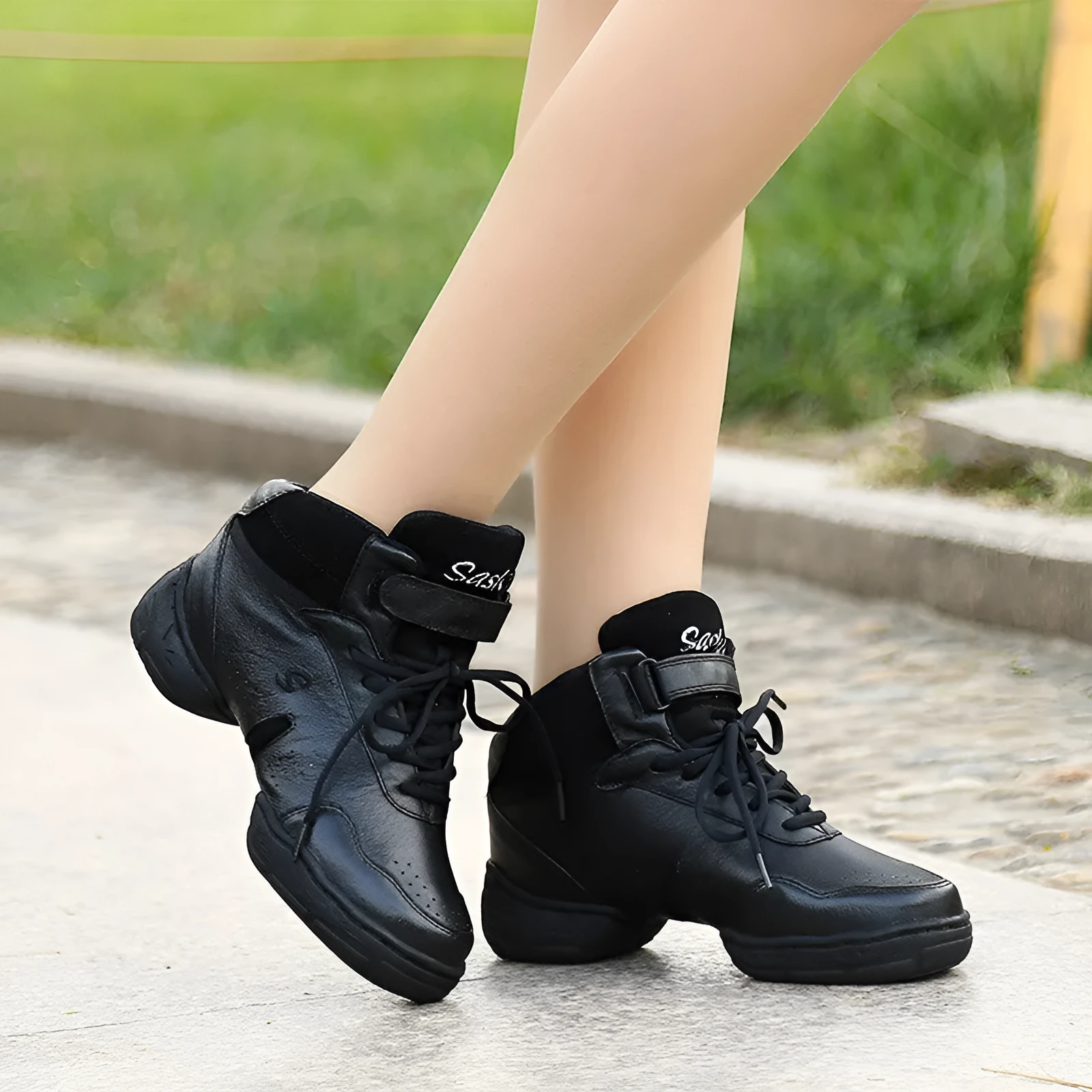 Black leather square dance fitness soft sole shoes with pigskin upper and rubber sole on dance floor
